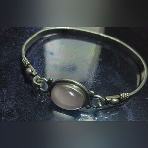 Retro Rose Quartz Solid .925 Sterling Silver Bangel Clasp Bracelet